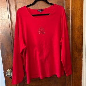 Carolyn Taylor Red Christmas Tree Rhinestone Design Long Sleeve Top Size 2X